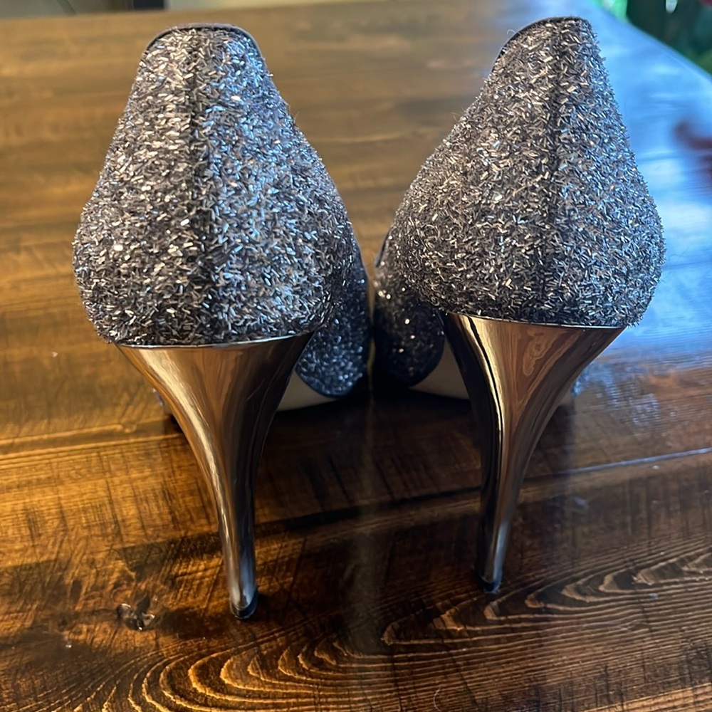 Nine West Silver Sparkle Peep Toe Stilettos - Picture 5 of 10